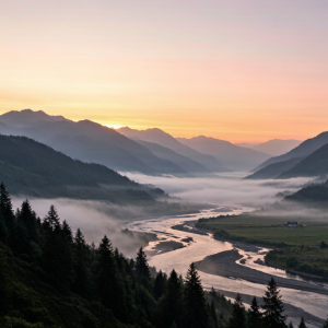 Misty mountain valley at dawn — landscape wall art print