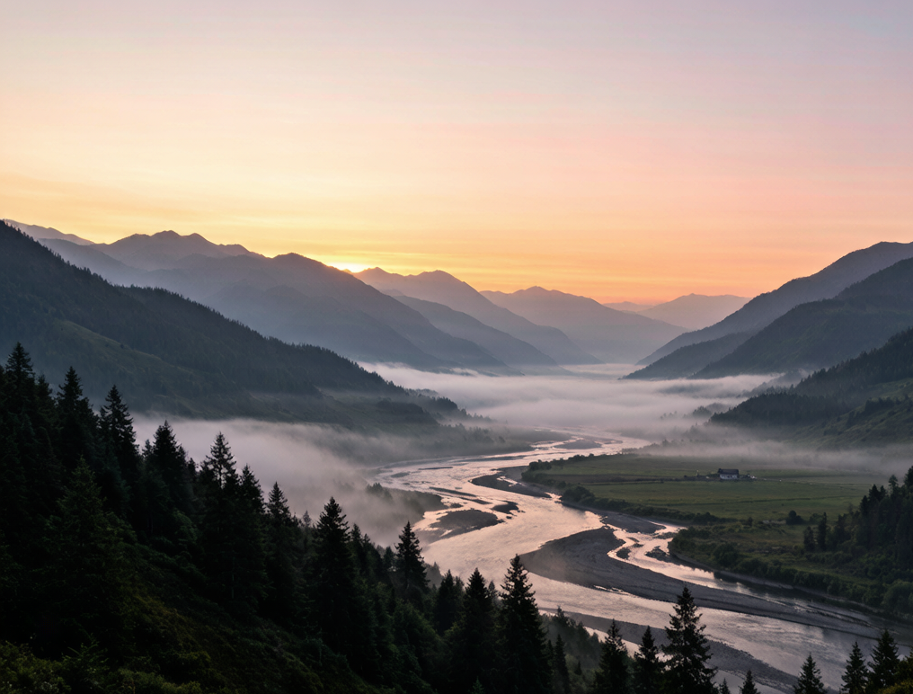 Misty mountain valley at dawn — landscape wall art print